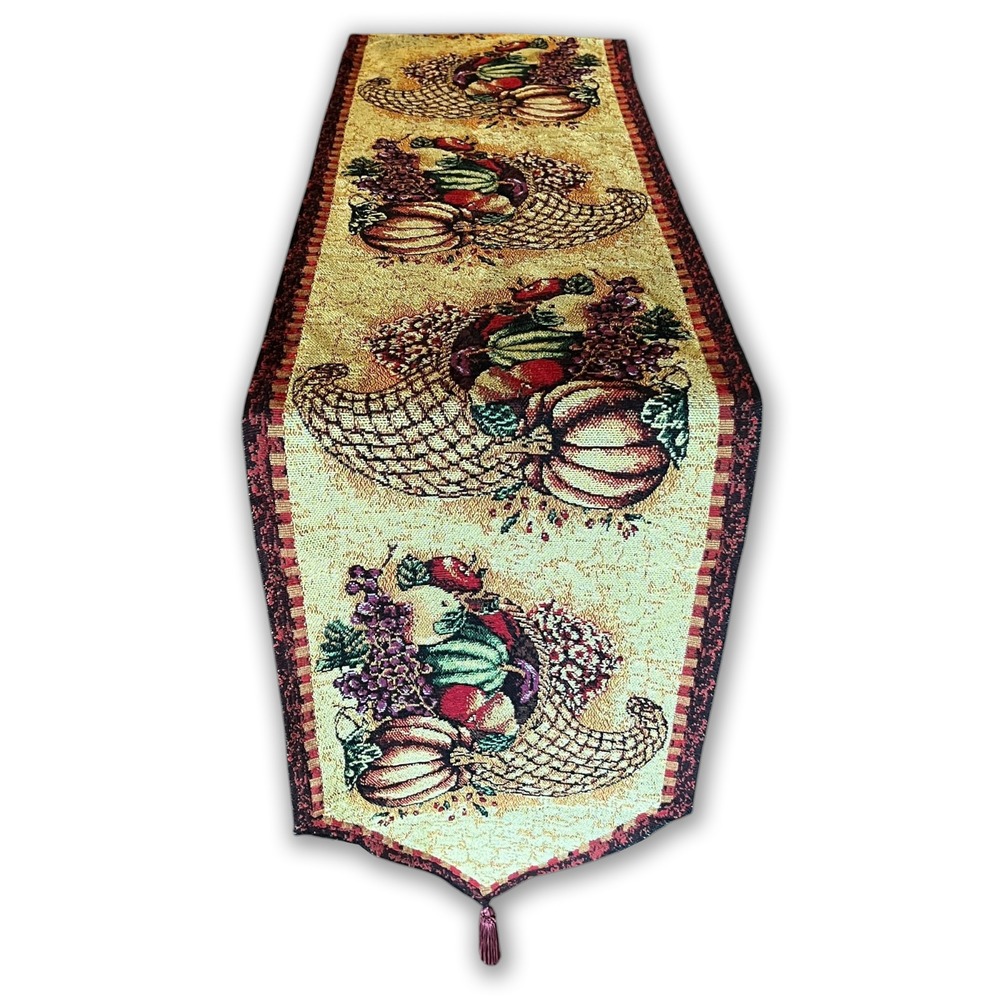 Harvest Cornucopia Table Runner Tapestry Pumpkins Grapes Fruit Fall Thanksgiving